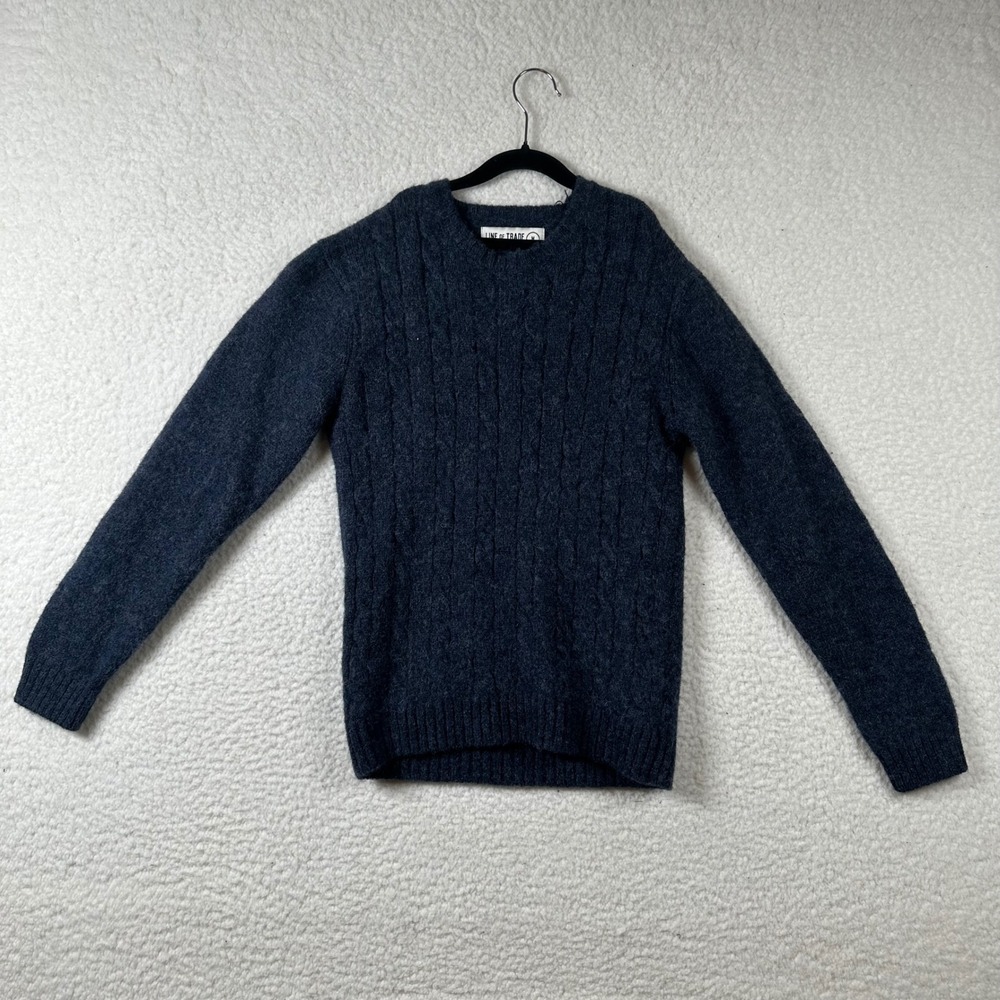 Line of Trade Cable Knit Sweater Mens Shetland Wool Crewneck XS Navy Blue Preppy